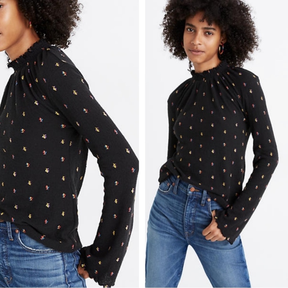 Madewell Texture & Thread Ruffled Mockneck Top in Rainbow Buds /Black Medium NWT - Picture 2 of 5
